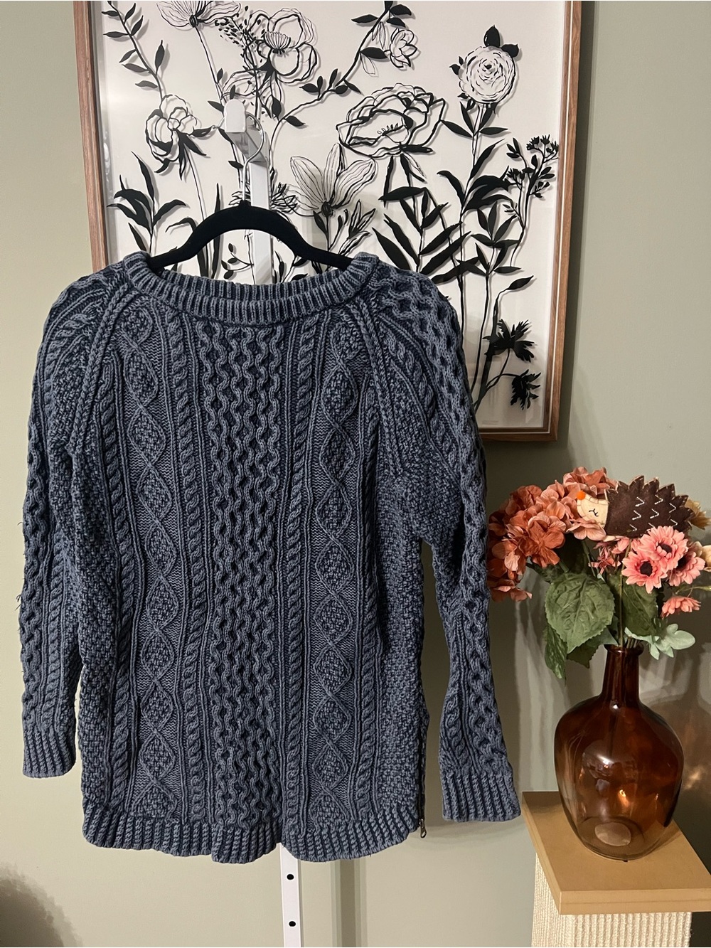 LL Bean Blue Signature Cable Knit Crewneck Fisherman Cotton Sweater Size Small
